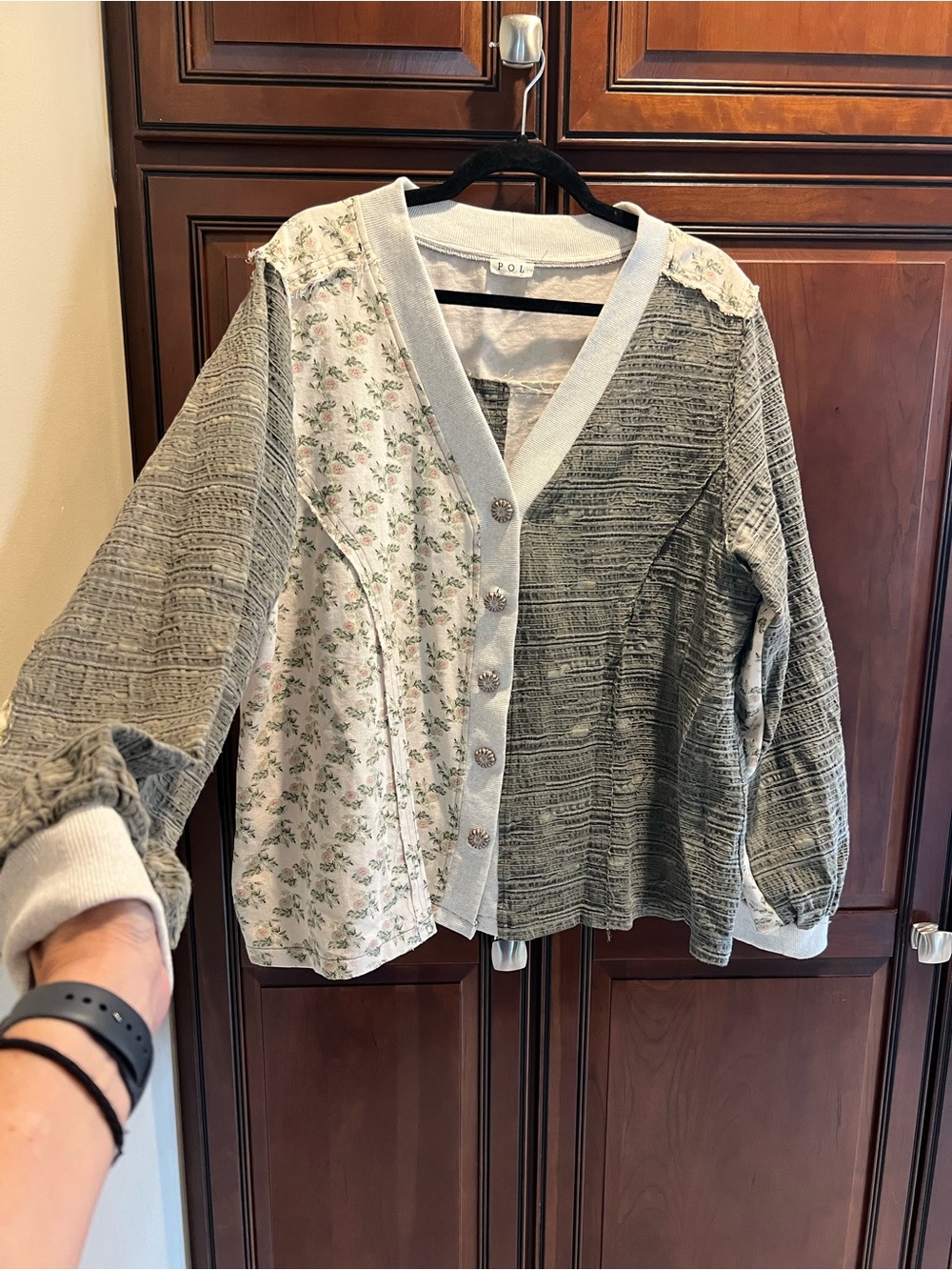 POL Oversized Raw Edge Patchwork Button Down Cardigan - L